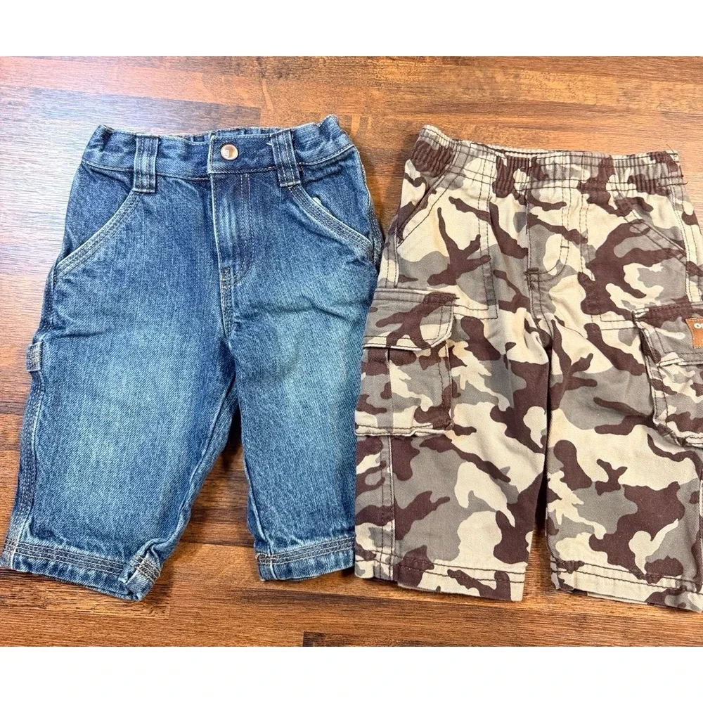 2 pair of infant boys carpenter jeans, cargo camo pants.  Size 3 months.